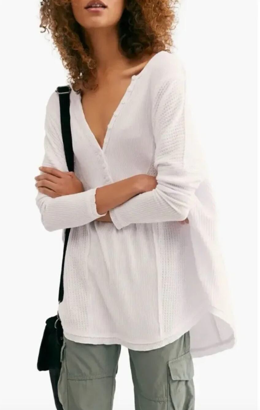 FREE PEOPLE Leo White Henley Top Textured Waffle Knit Drop Shoulder Large L NWOT